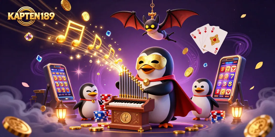 KAPTEN189 menyajikan ilustrasi kasino yang memukau dengan penguin opera bermain organ yang mengeluarkan koin emas.