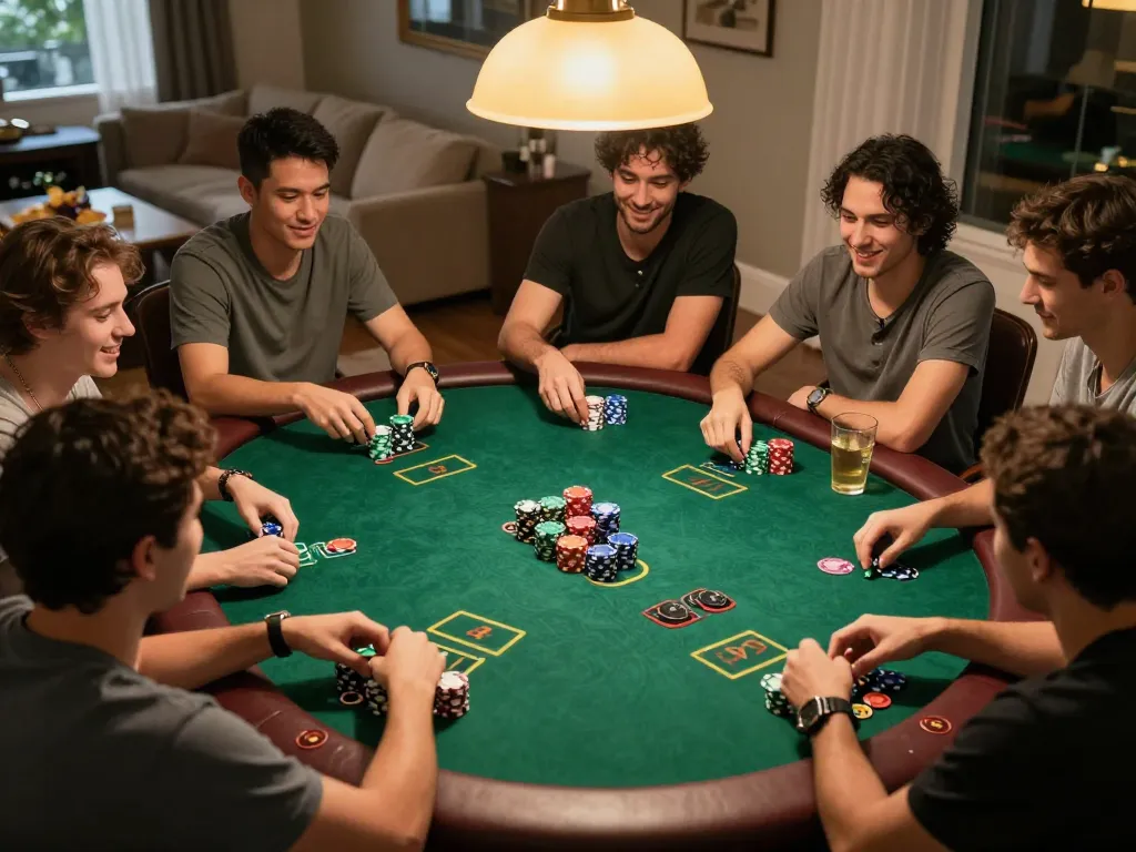 Players engaging in poker at home, enjoying the ambiance of 7-hd movie nights with friends.