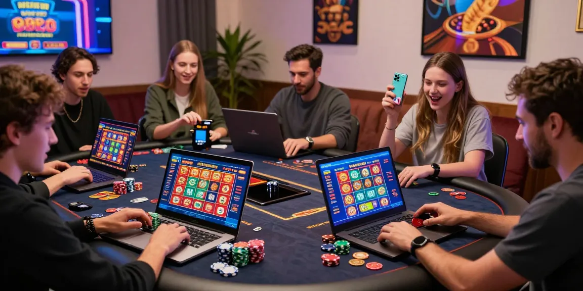 Players exploring exciting credit card casino sites on laptops and smartphones in a dynamic gaming environment.