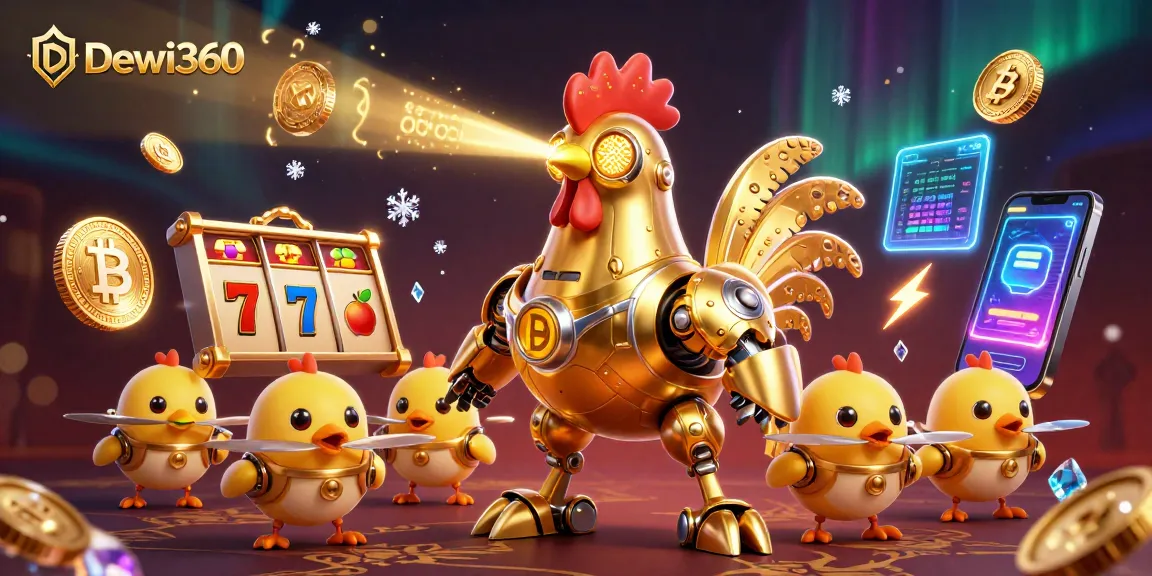 Dewi360 menawarkan permainan slot berkualitas dengan ilustrasi robot ayam emas futuristik yang menyalakan laser, penuh detail menarik.