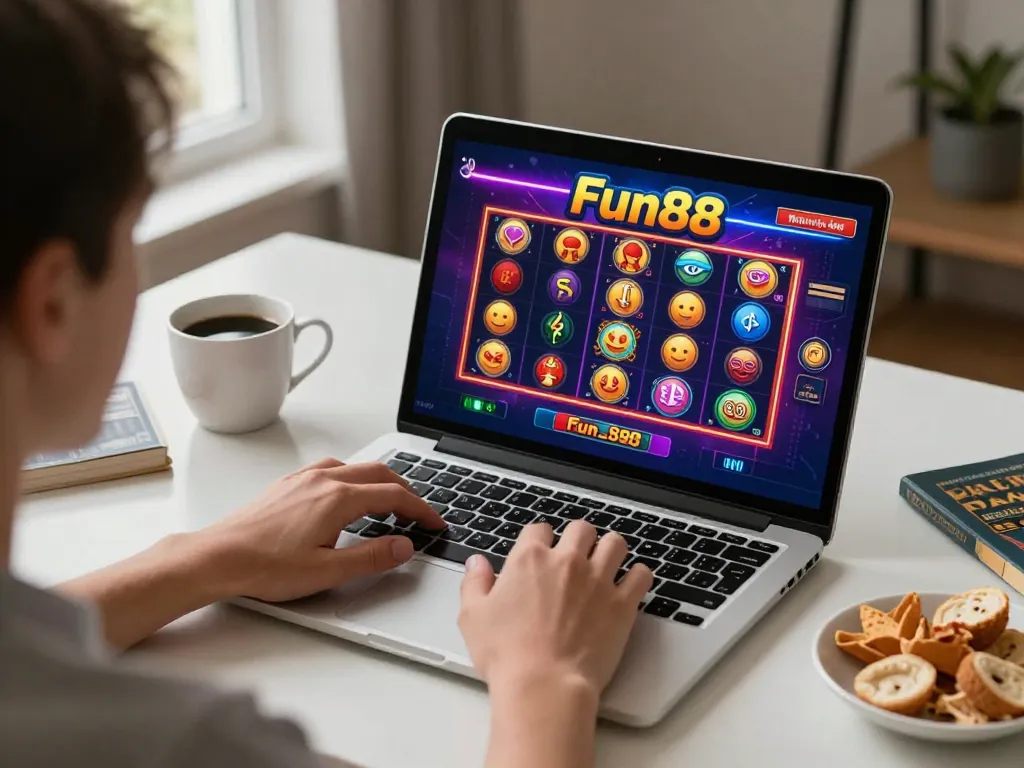 Playing Fun88 online slots on a cozy desk setup with a laptop and snacks.