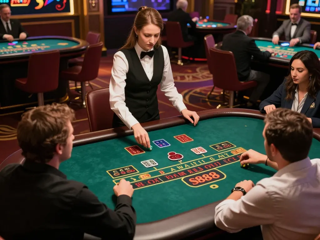 S888 players engaged in a high-stakes Baccarat game with a professional dealer.