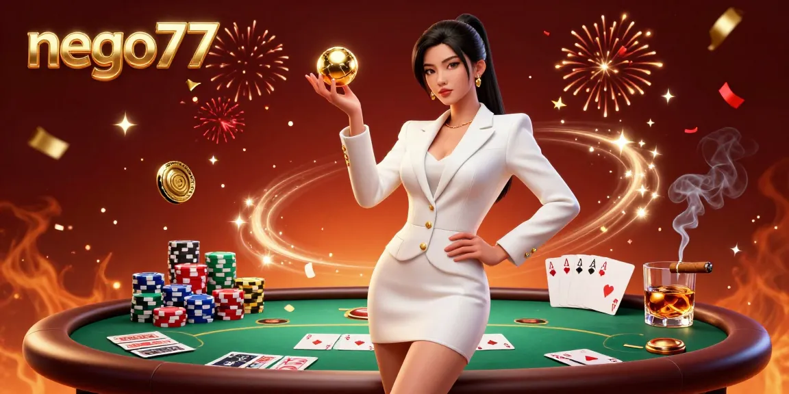 Nego77 showcases a confident Asian casino dealer holding a roulette ball, amidst vibrant poker elements.