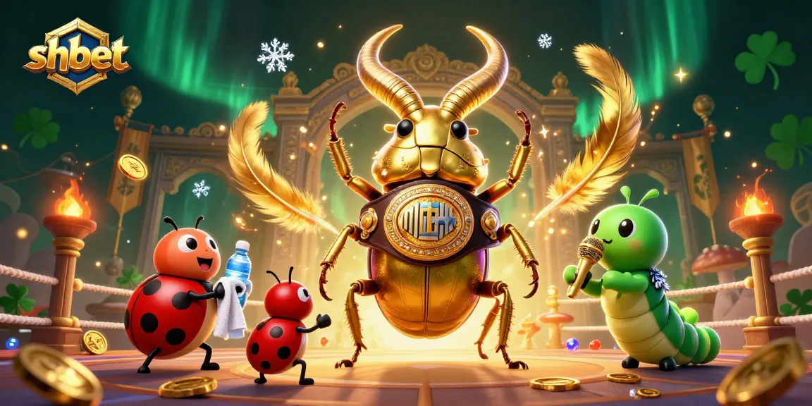 Engage in thrilling shbet casino battles with a dynamic scene featuring a boxing beetle champion and vibrant gambling elements.