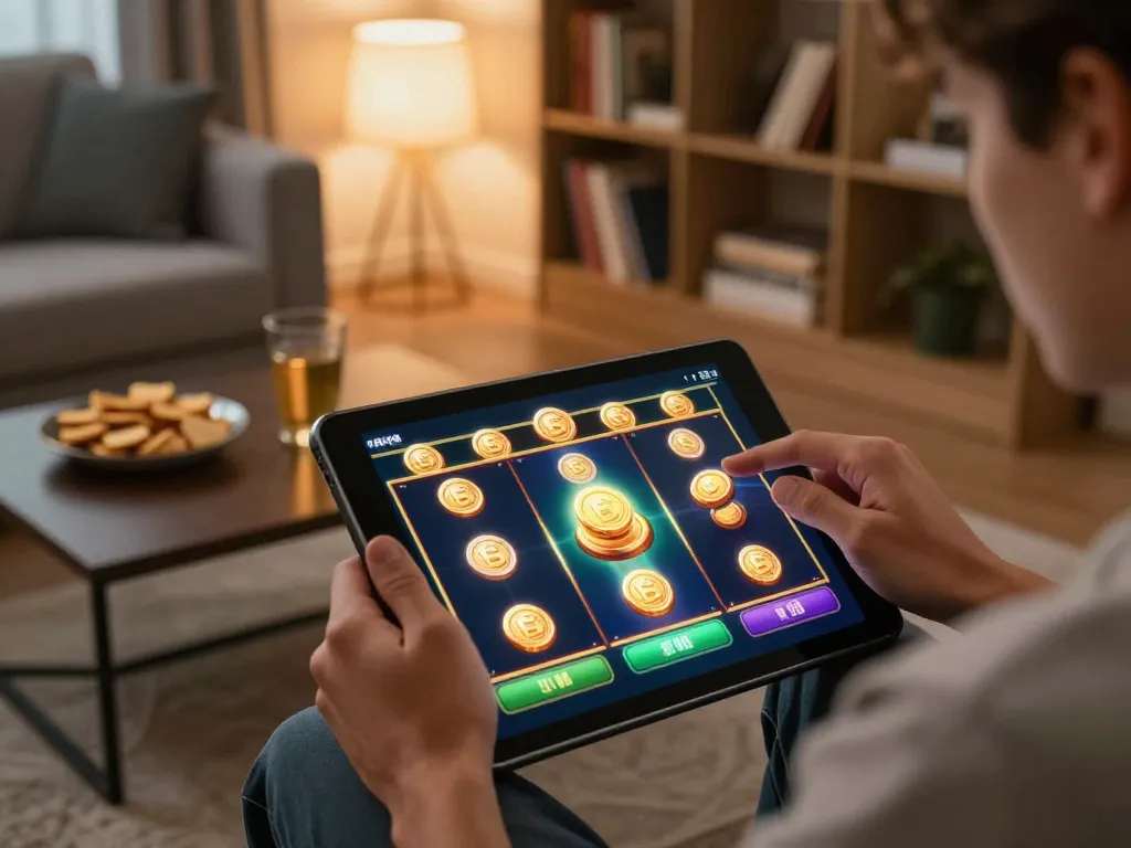 Engaging with the LGOSUPER online slot game on a cozy tablet setup at home, highlighting responsible gaming.