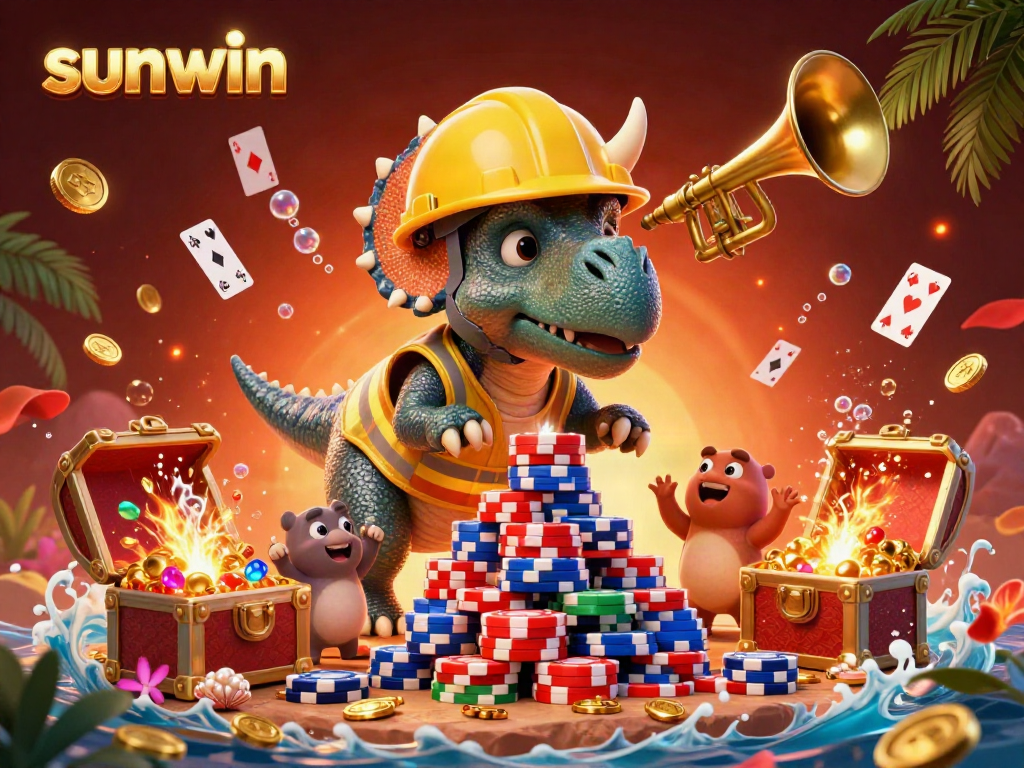 Join the sunwin excitement with a triceratops building poker chip pyramids amid a gaming celebration.
