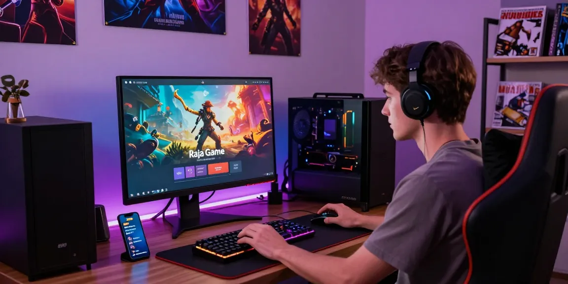 Raja Game login on a vibrant gaming setup with user entering credentials, showcasing gaming peripherals.