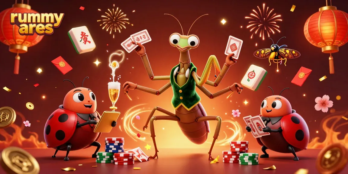 Experience the vibrant rummy ares gaming world with a chaotic card scene featuring cartoon characters and festive elements