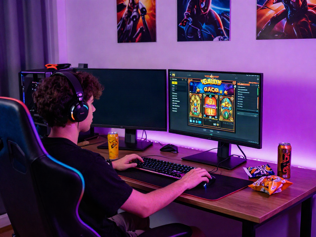 Engaging gamer playing SLOT GACOR on a vibrant gaming setup with colorful lights and snacks.