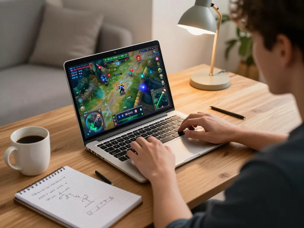 Playing MPO08 online gaming session with vibrant graphics on laptop during cozy home evening.