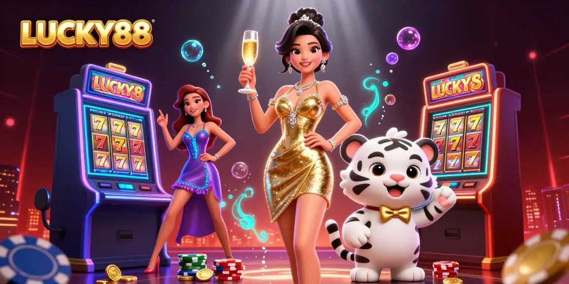 Experience the excitement of LUCKY88 with a glamorous woman and lucky tiger in a vibrant casino scene.