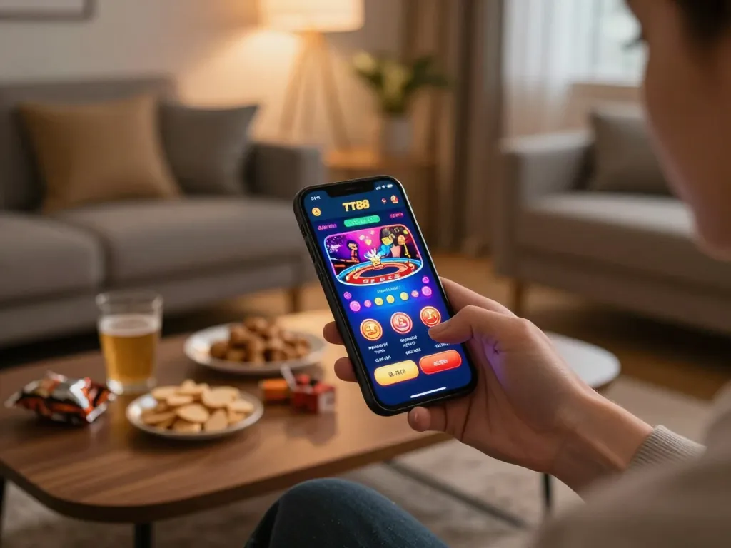 Engaging player using the TT88 app on smartphone for online gaming.