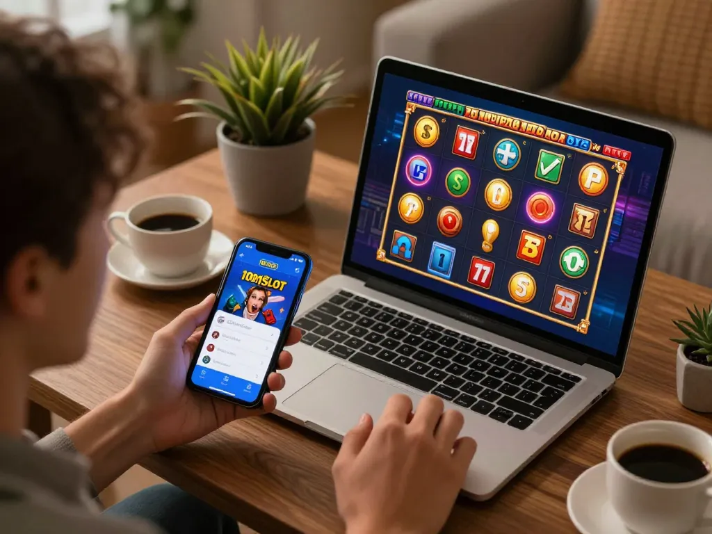 Engaged user playing the 1001SLOT app on smartphone during a cozy gaming session