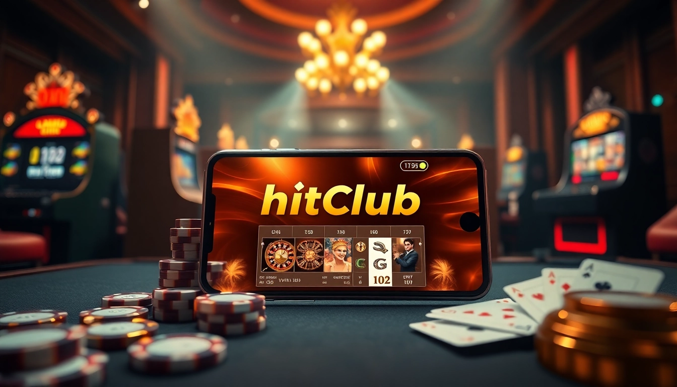 Experience thrilling casino action with tải hitclub on your mobile device surrounded by vibrant casino elements.