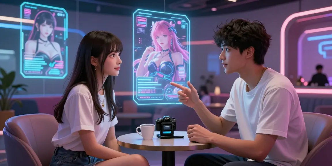 Engaging interaction with an AI companion in a futuristic lounge, showcasing hentai ai technology.