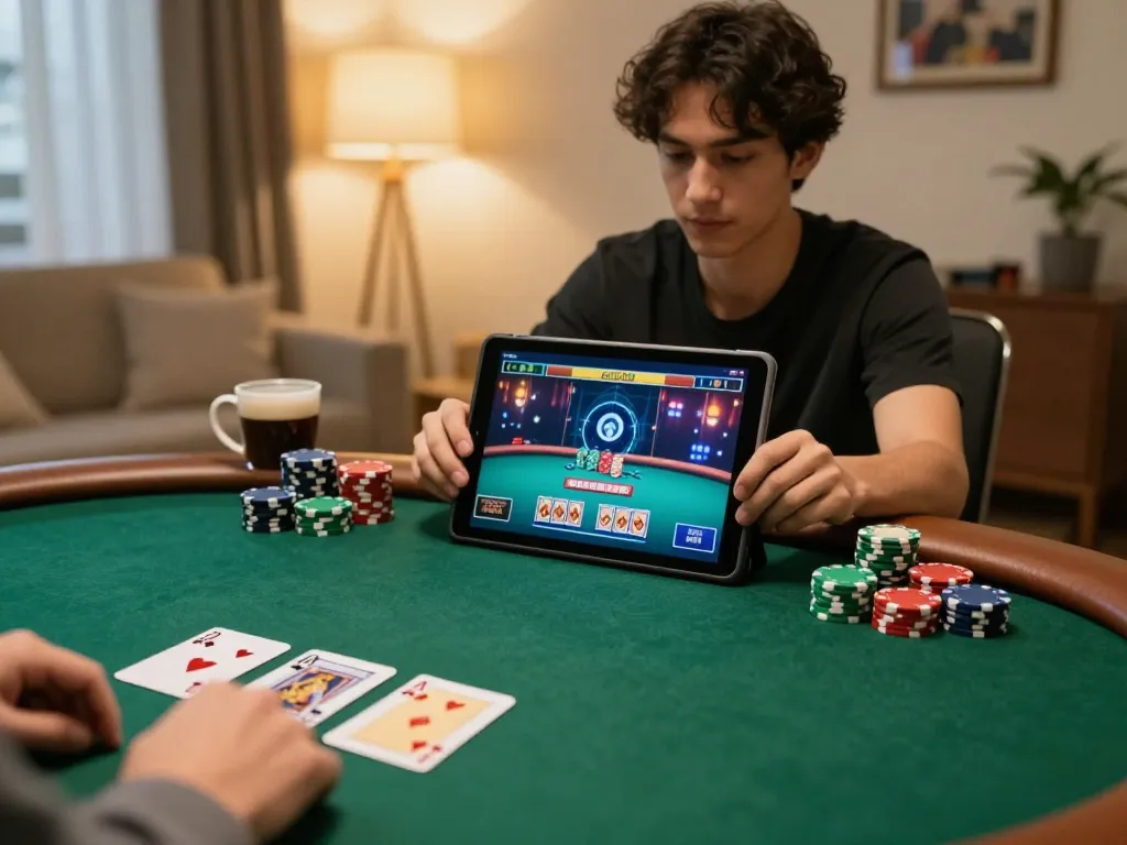 Online gambling experience at home with nhacaiuytin poker game on a tablet and strategic focus.