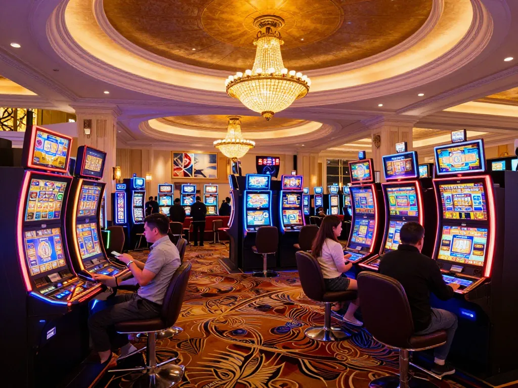 Players enjoying slot machines at divinityspacenter casino, vibrant atmosphere, colorful lights.