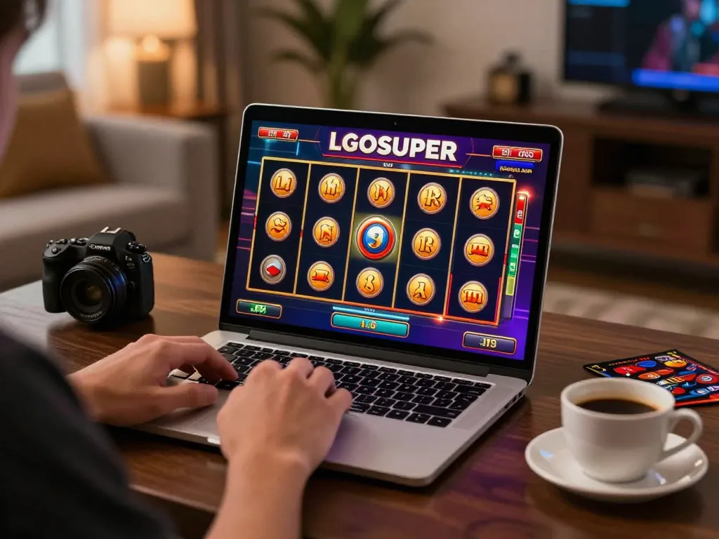 Player enjoying LGOSUPER slots gameplay on a laptop in a cozy home setting with inviting decor.