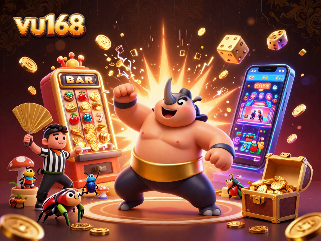Experience vibrant action at vu168 with a lively 3D casino scene featuring charming characters and dynamic gaming elements.