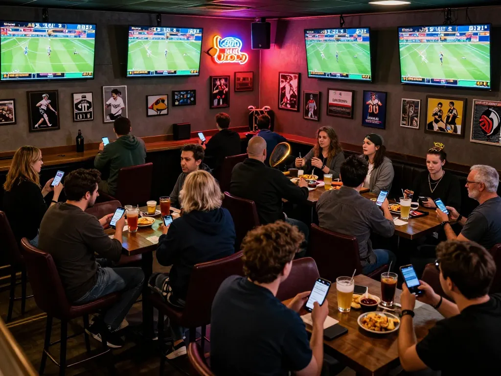 Exciting patrons placing bets on phtaya sports app during live match at a vibrant sports bar.