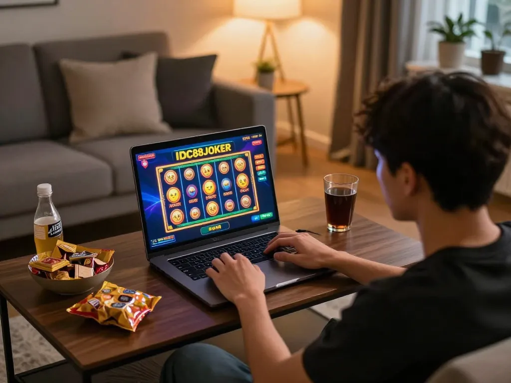 Person engaging in online casino gaming on IDC88JOKER, cozy home atmosphere enhancing the experience.