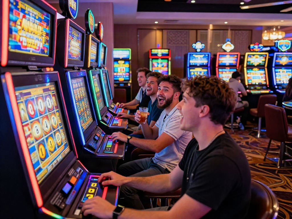 Players celebrating wins at slot machines in a vibrant casino setting.