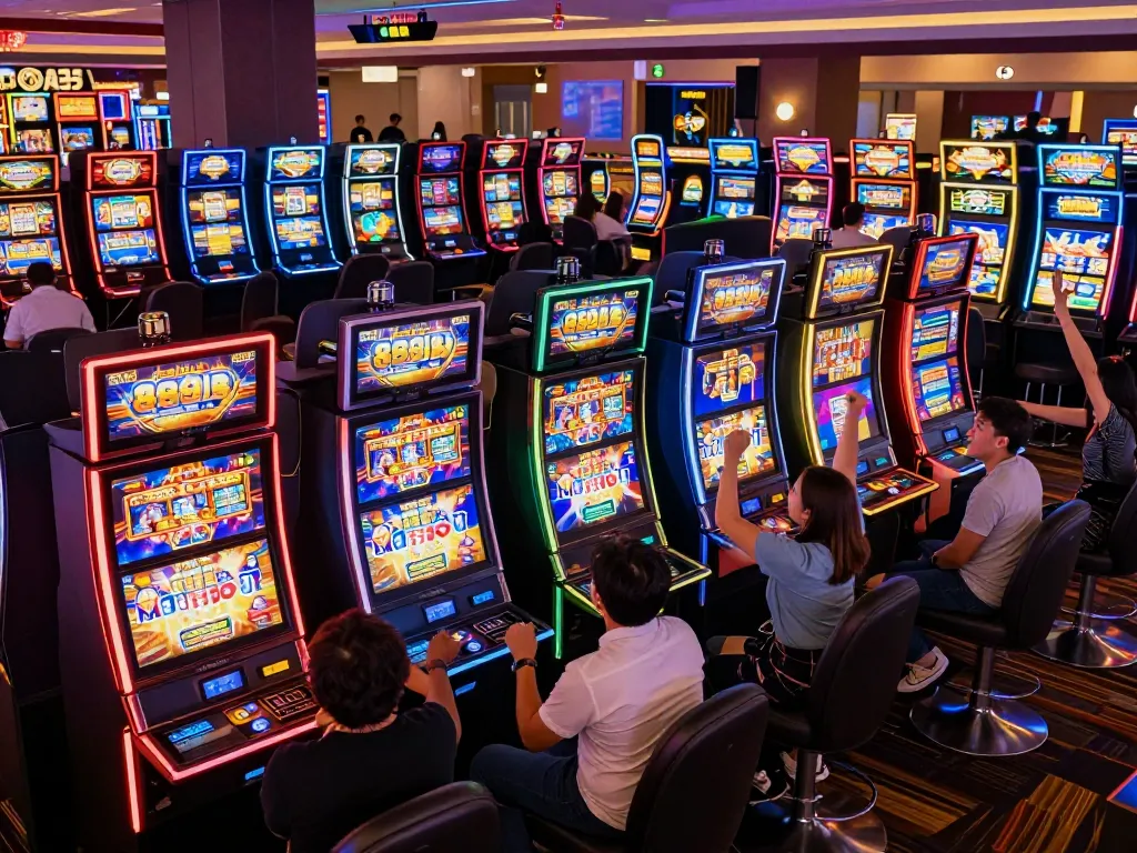 Players engaging with 88pulsa slot machines in a vibrant casino atmosphere, celebrating wins amidst lively gaming