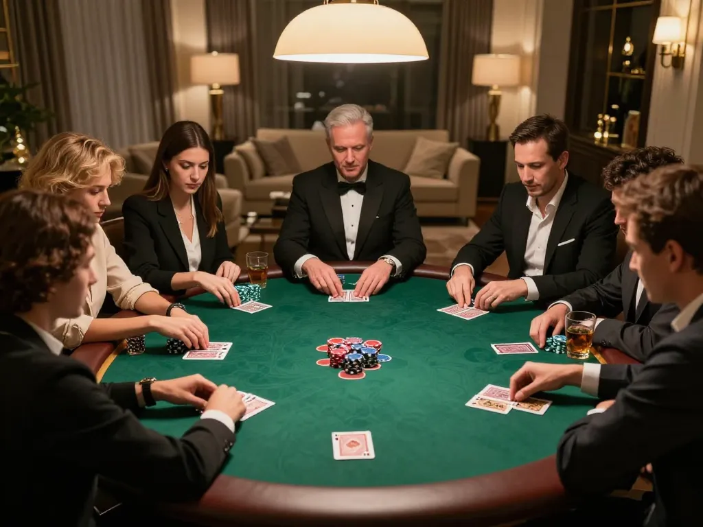 MPO08 players enjoying a thrilling private poker game with focused expressions and dynamic ambiance