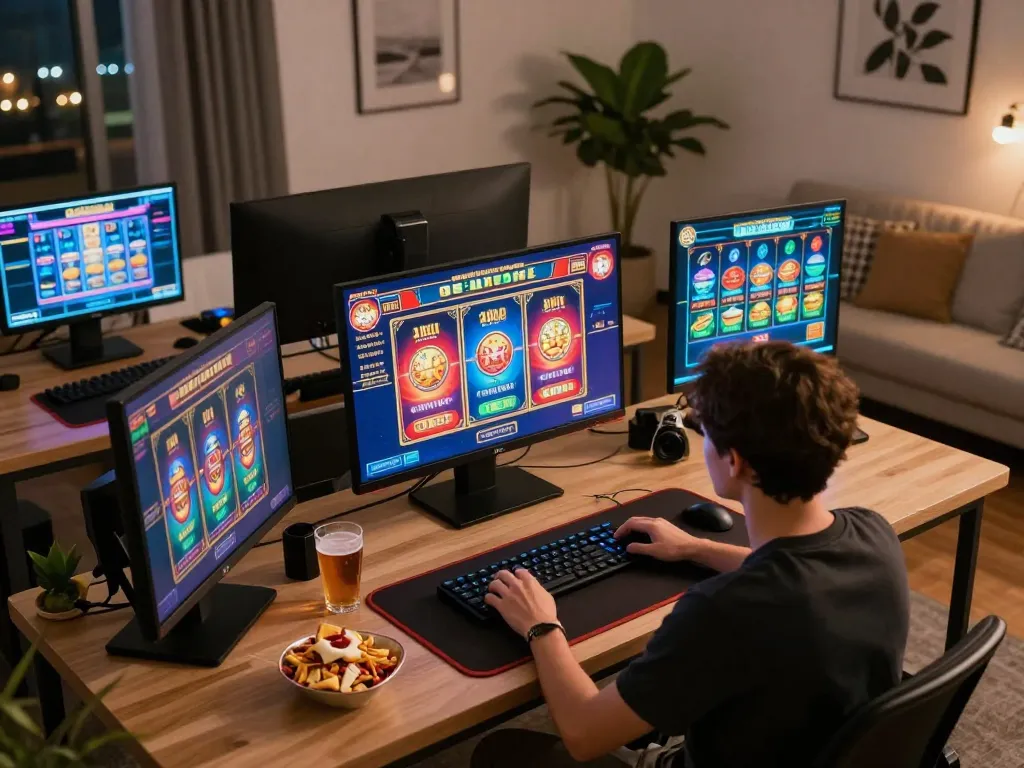 Engaging online gaming moment with ligasedayu slot machine displayed on a home office screen
