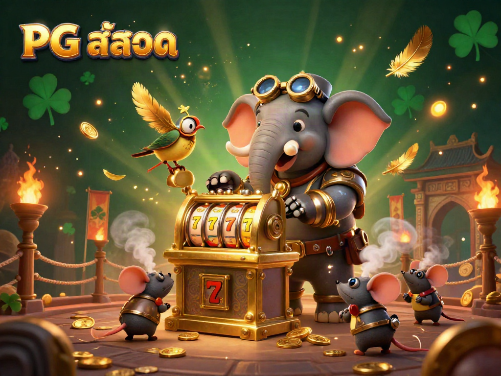 Experience thrilling PG สล็อต action with a 3D steampunk elephant operating a golden slot machine amidst vibrant elements.