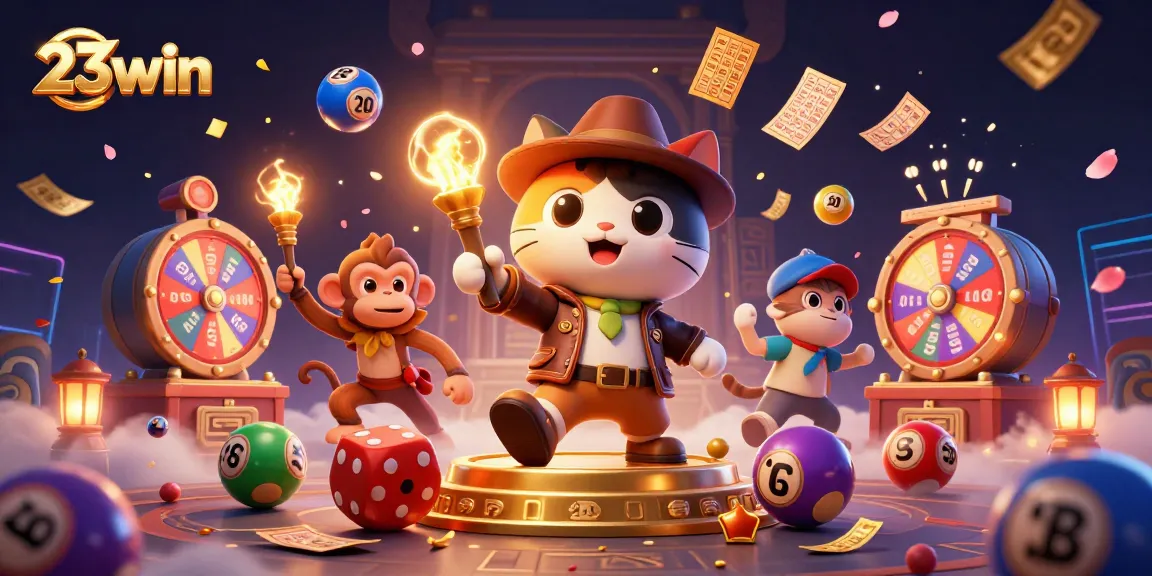 Experience the excitement of 23win with a playful cat archaeologist discovering casino treasures