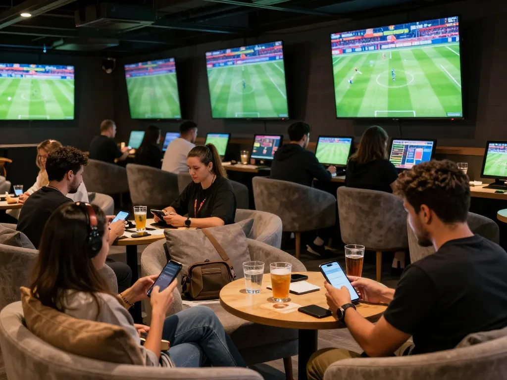 Soi Kèo sports betting scene with patrons placing bets and watching live matches in an upscale lounge.