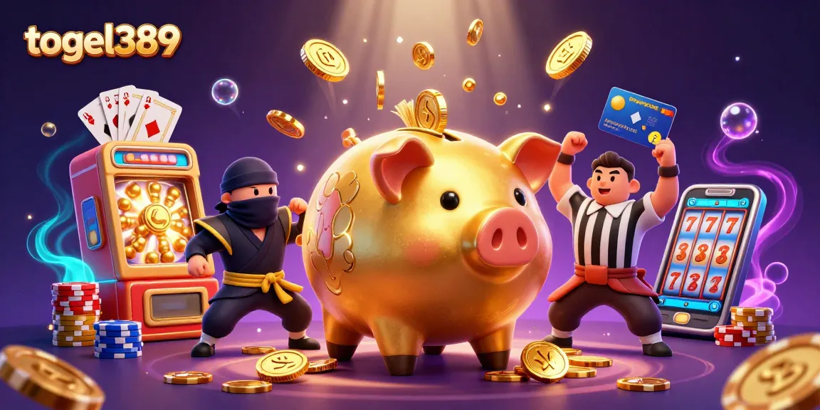 Engage with togel389 as the golden piggy bank sumo wrestler stomps for winning lottery combinations with vibrant casino elements.