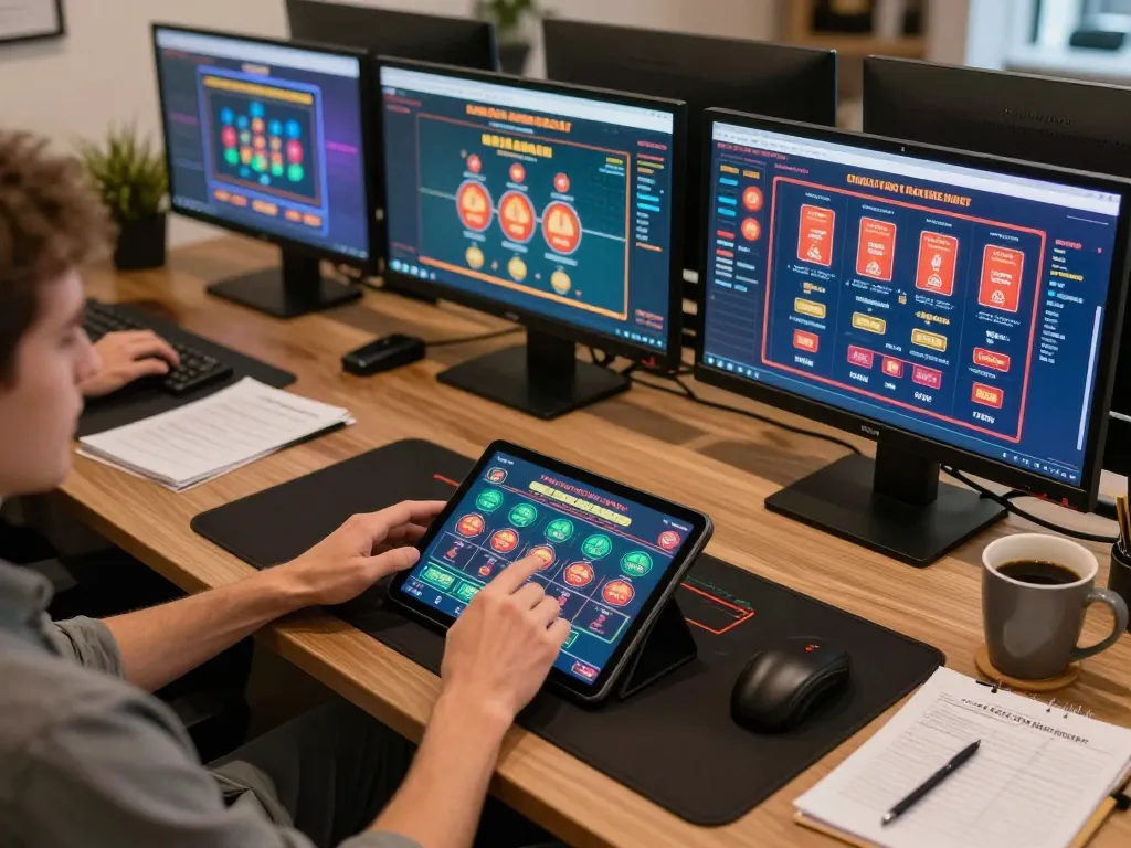 Play thrilling casino games on LGOGOAL with a tablet and multiple screens displaying live dealer action