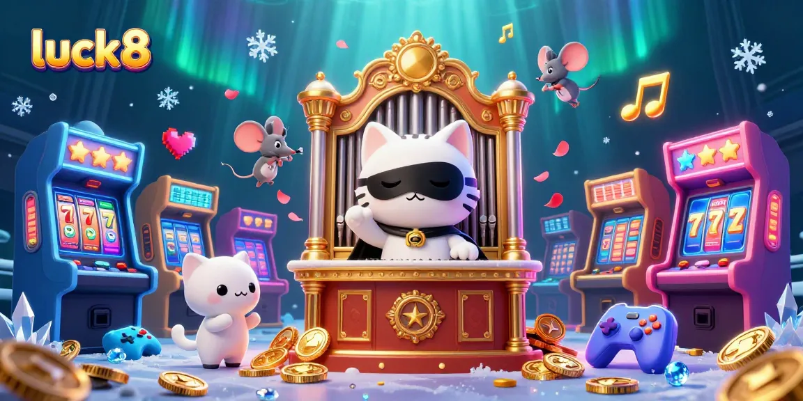 Experience the excitement of luck8 gaming with a playful illustration of casino characters and vibrant arcade elements.