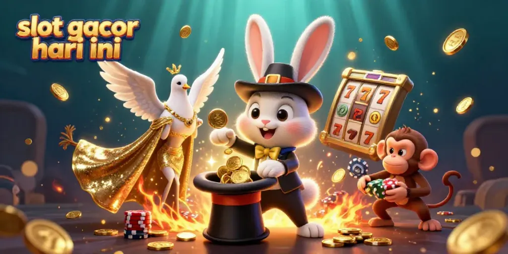 Spin to win with slot gacor hari ini at an exciting casino scene filled with golden coins and lively characters.