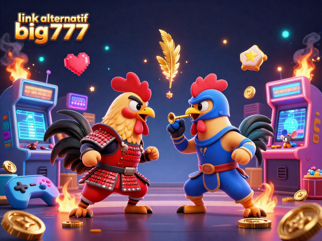 Engage in thrilling action with link alternatif big777 in a vibrant 3D fighting arena featuring animated roosters and gaming elements.
