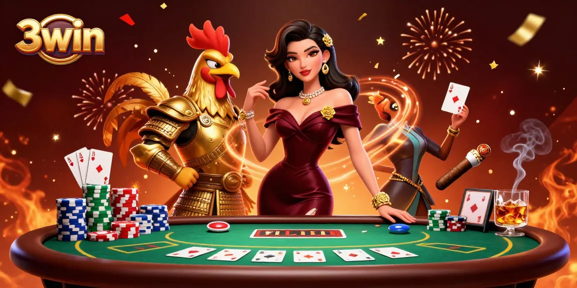 Engage in winning strategies with 3win in a vibrant casino scene featuring poker elements.