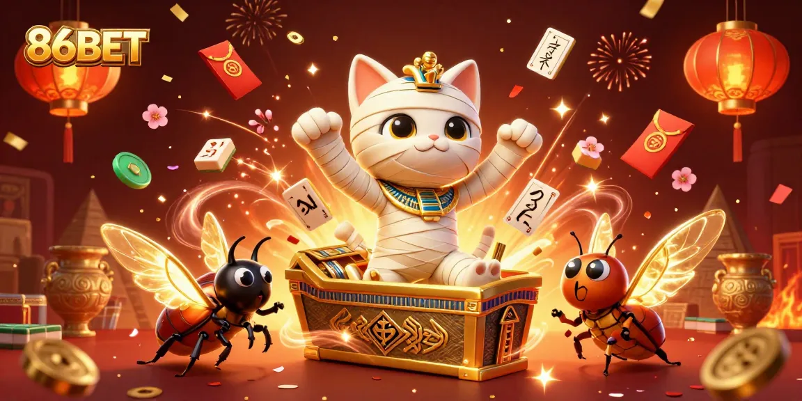 Win big with 86BET at a dynamic casino scene featuring a mummy cat and glowing scarab.