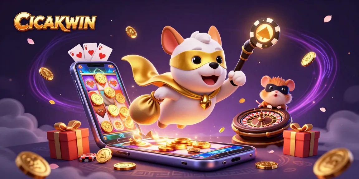 CICAKWIN superhero dog flies through a casino-themed scene, showcasing vibrant gambling elements.