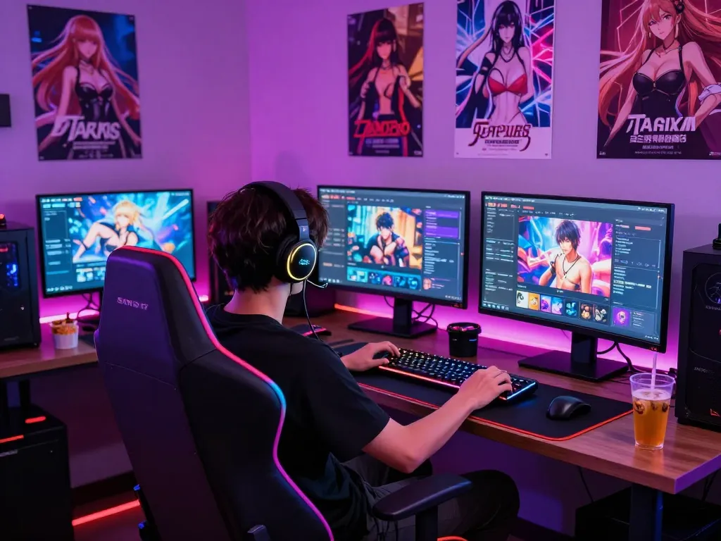 Engaging scene of a player enjoying porngames in a stylish gaming room, showcasing multiple screens and vibrant accessories.