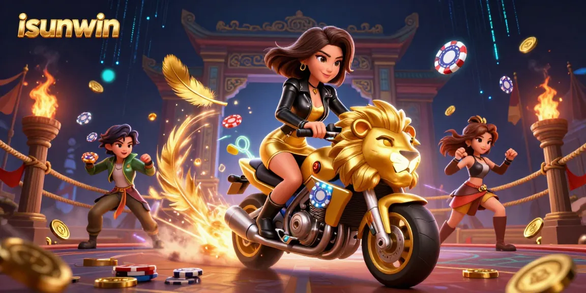 Cash in with isunwin as a glamorous Asian woman rides a golden lion mascot, celebrating winnings.