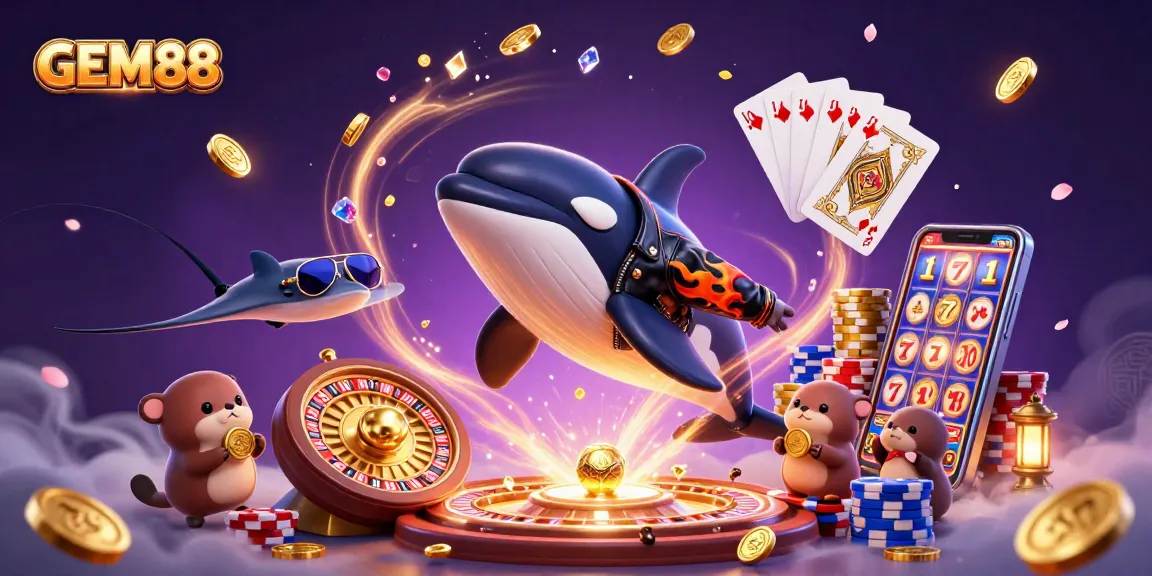 Win big at GEM88 with thrilling casino games and cartoon characters celebrating in a vibrant scene.