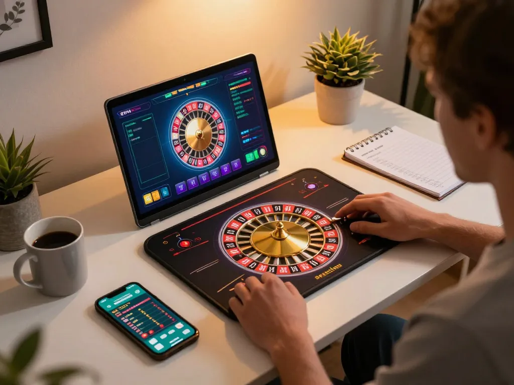 Engaging in an online roulette game at luck88com with vibrant setup and focused strategy notes