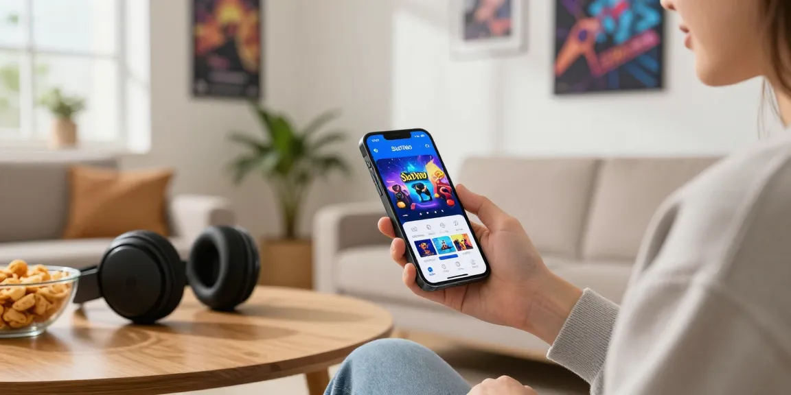 Engaged user exploring Slot7000 gaming app on smartphone in a cozy living room.