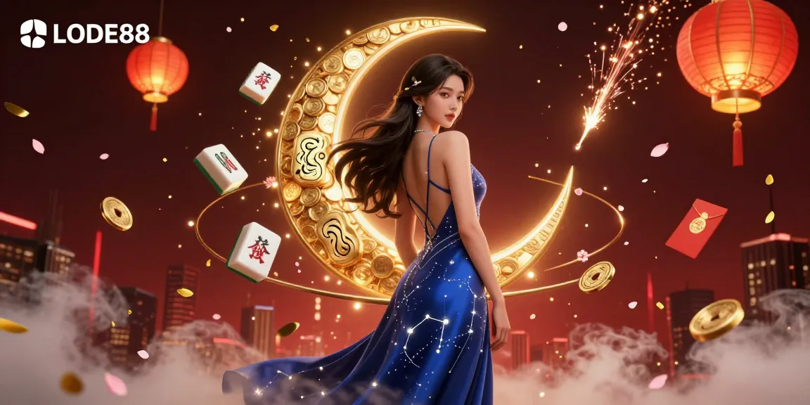 Experience thrilling action at LODE88 with vibrant casino-themed elements surrounding a stunning Asian woman in a casino illustration.