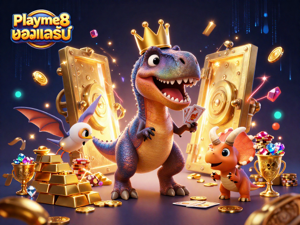 เล่น Playme8 บอลสเต็ป อย่างสนุกสนานกับทีเร็กซ์ในมงกุฎและเพื่อนในคาสิโนที่เต็มไปด้วยความร่ำรวย