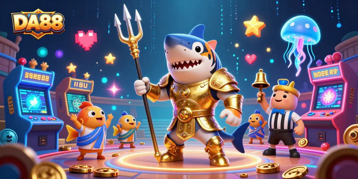 Experience thrilling casino action with DA88, featuring 3D cartoon tiger shark in gladiator armor.