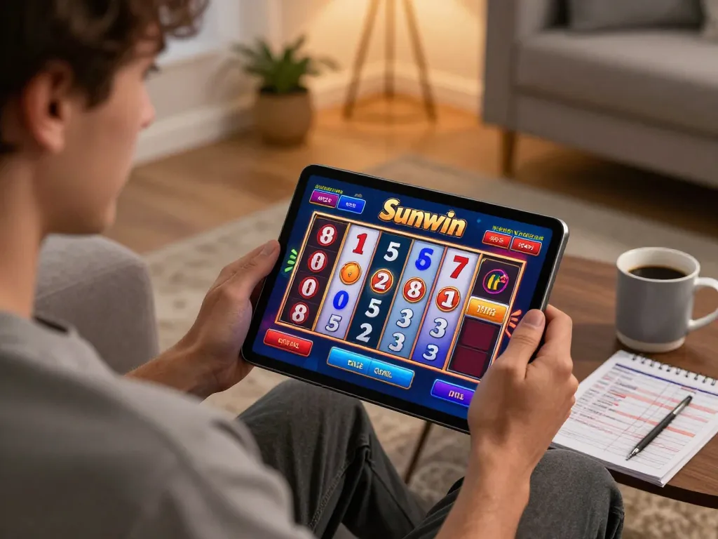 Player enjoying Sunwin online gaming on tablet in cozy home environment with warm lighting.