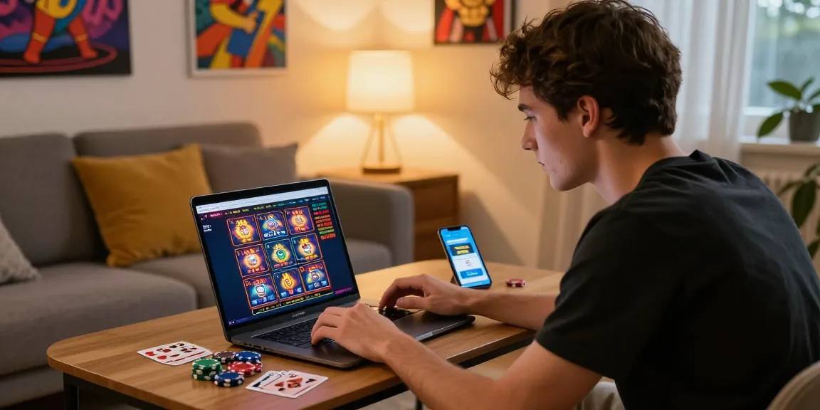 Credit card casino engagement at home on https://being-there.org.uk with laptop, cards, and vibrant setting.
